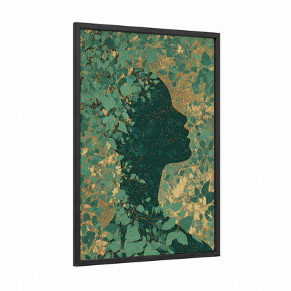 Verdant Virgo framed art print — black wood frame — dark green and gold and white palette