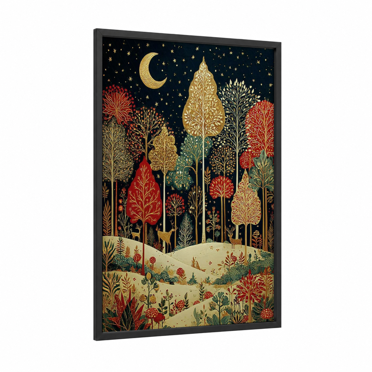 Enchanted Forest Night framed forest trees print — black wood frame — gold and dark blue palette