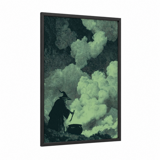 Mystical Witch Cauldron framed halloween print — black wood frame — dark green and black palette