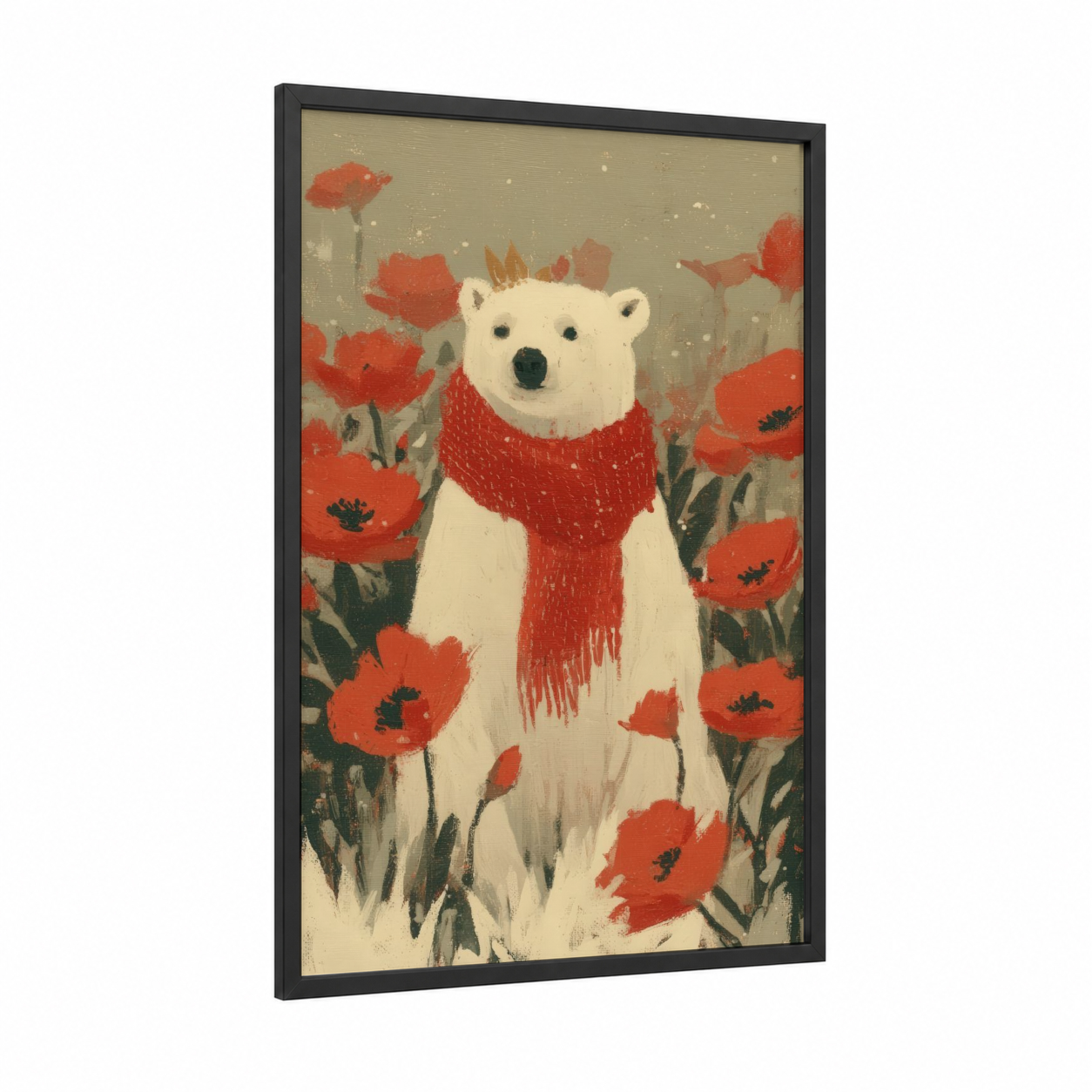 Poppy Polar Bear framed art print — black wood frame — red and white palette