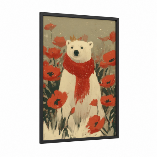 Poppy Polar Bear framed art print — black wood frame — red and white palette