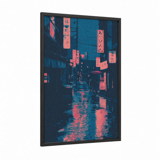 Neon Canal Rain framed art print — black wood frame — blue and magenta palette