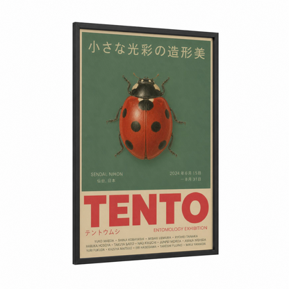 Japanese Ladybug Exhibition Poster Wall Art framed art print — black wood frame — red and sage green palette