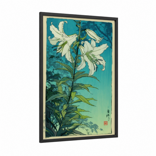 Turquoise Amaryllys framed amarillys print — black wood frame — teal and cream palette