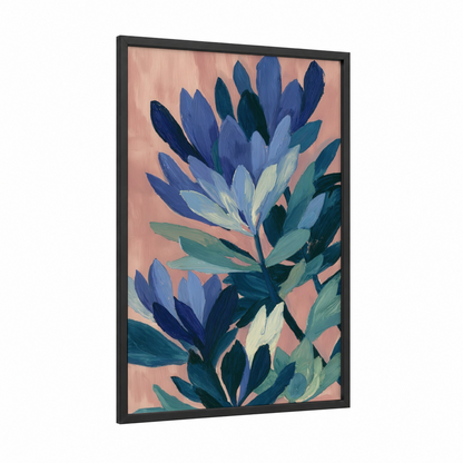 Twilight Succulent framed art print — black wood frame — blue and peach palette