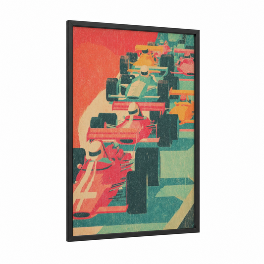 Vintage Racing Clash framed auto racing print — black wood frame — red and gold palette
