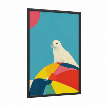 Cream Seal Joy framed art print — black wood frame — turquoise and gold palette