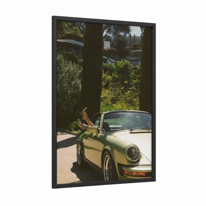 Vintage Porsche Green framed sports car print — black wood frame — light green and brown palette