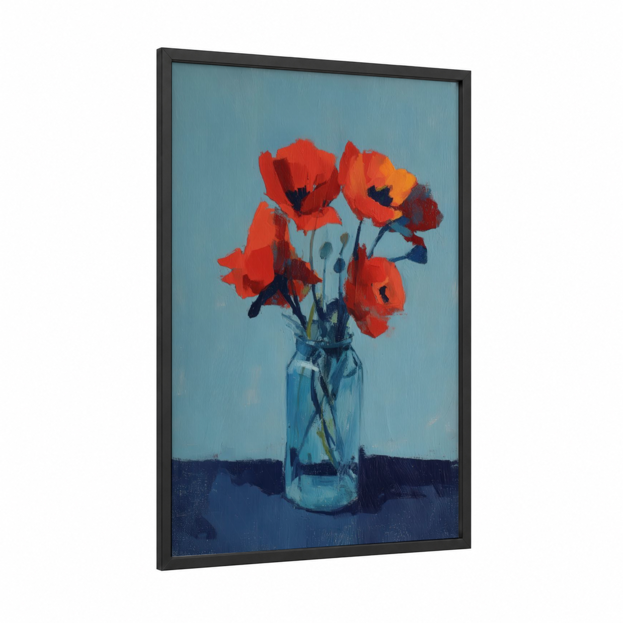 Crimson Poppies Vase framed art print — black wood frame — red and blue and white palette