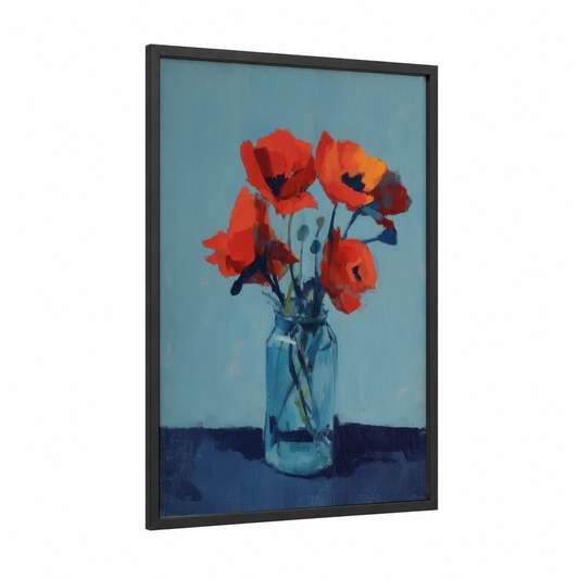 Crimson Poppies Vase framed art print — black wood frame — red and blue and white palette