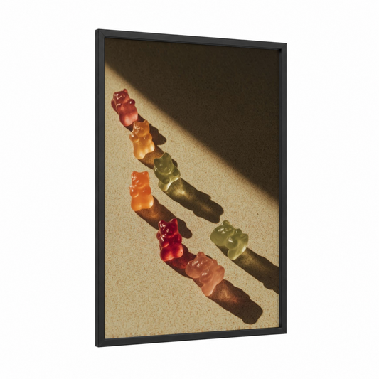 Gummy Bear Candy framed sweet print — black wood frame — gold and red palette