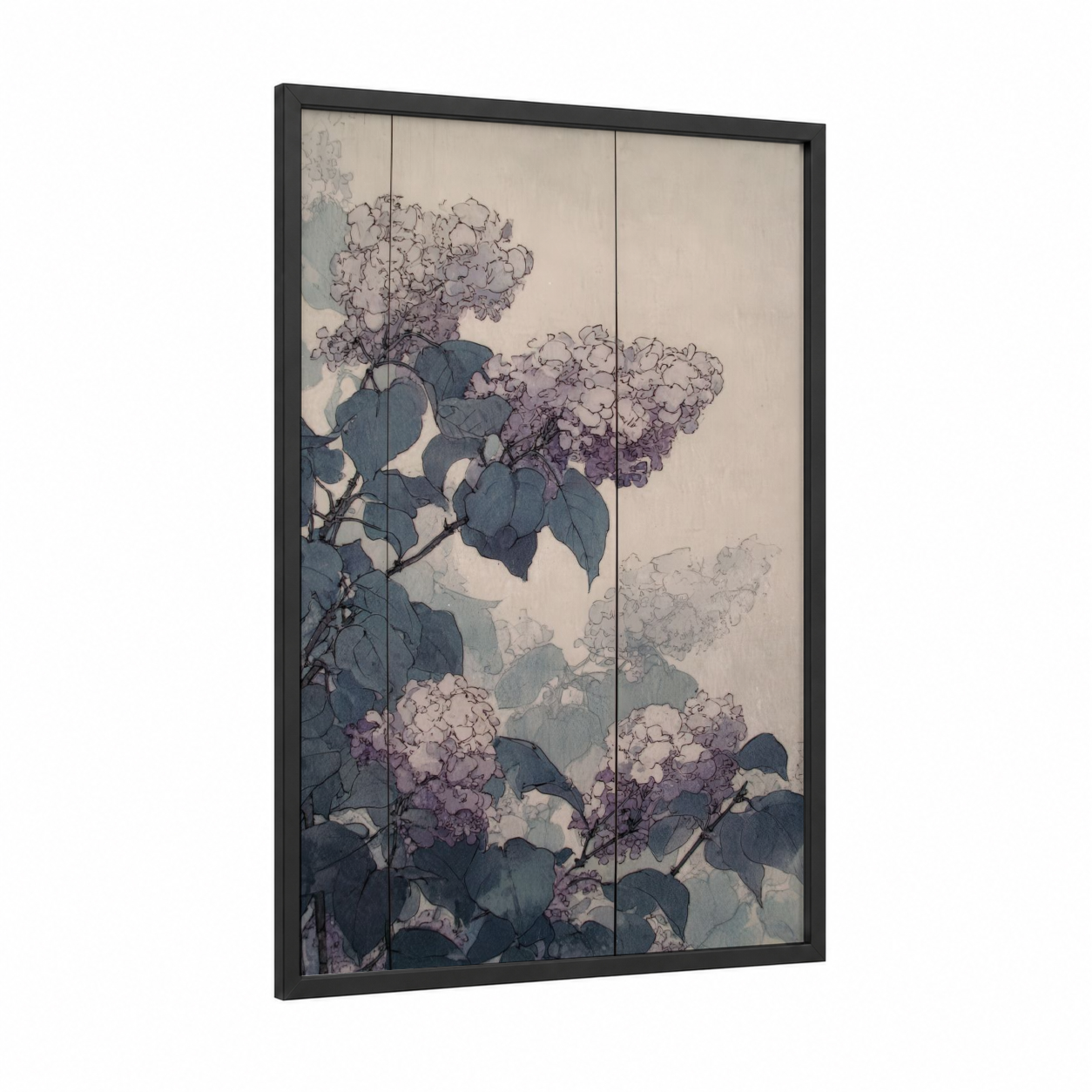 Purple Lilac Blooms framed art print — black wood frame — lavender and dove gray palette