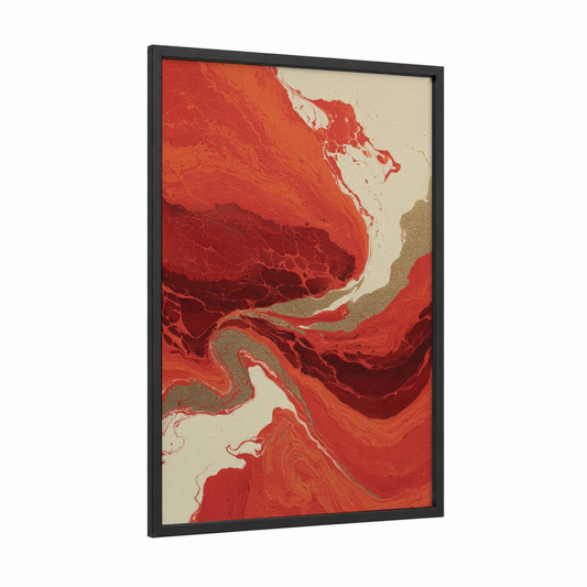 Crimson Flow framed capoeira print — black wood frame — red and gold palette