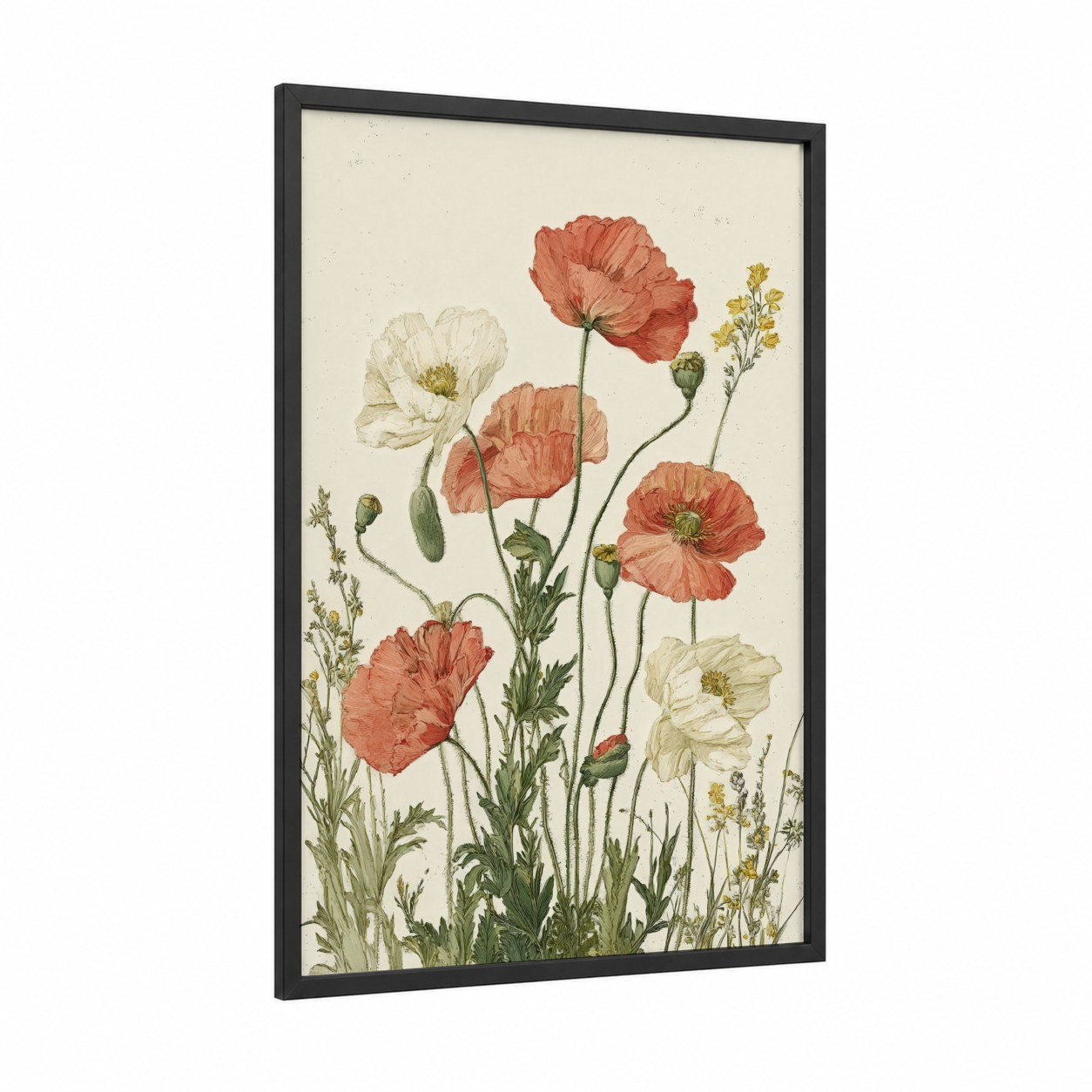 Coral Poppy Field framed flower field print — black wood frame — cream and salmon pink palette