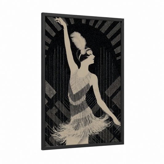 Art Deco Dancer framed retro fashion print — black wood frame — black and white and cream palette