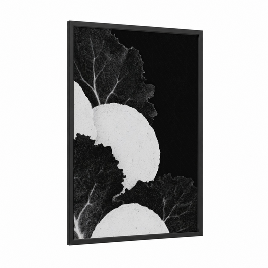 Moonlit Greens framed salad print — black wood frame — black and white palette