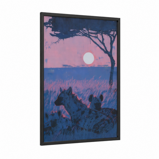 Twilight Hyena Pack framed art print — black wood frame — pink and blue palette