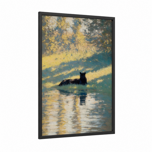 Golden Panther framed art print — black wood frame — yellow gold and teal palette