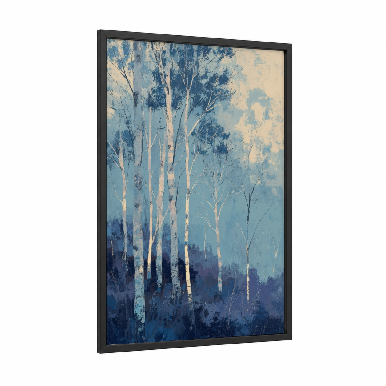 Misty Birch Forest framed art print — black wood frame — blue and cream palette