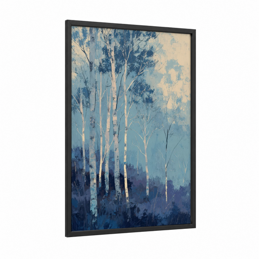 Misty Birch Forest framed art print — black wood frame — blue and cream palette