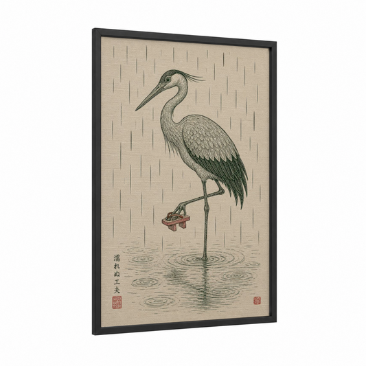 Japanese Heron in Rain Wall Art framed art print — black wood frame — beige and sage green palette