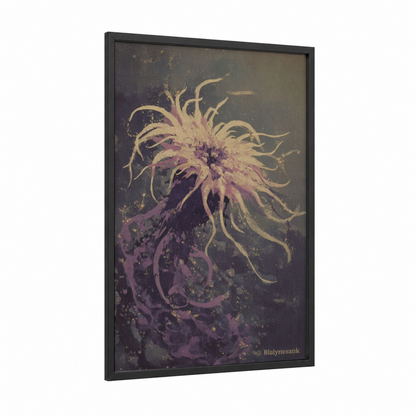 Mystical Anemone framed sea anemone print — black wood frame — purple and gold palette