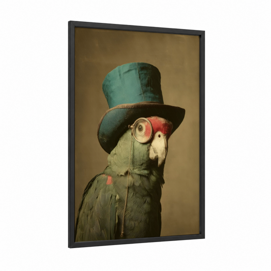 Steampunk Parrot framed safari parrots print — black wood frame — teal and gold palette