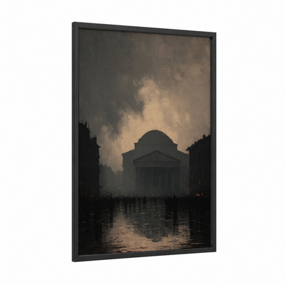 Rainy Pantheon framed art print — black wood frame — gray and black and white palette