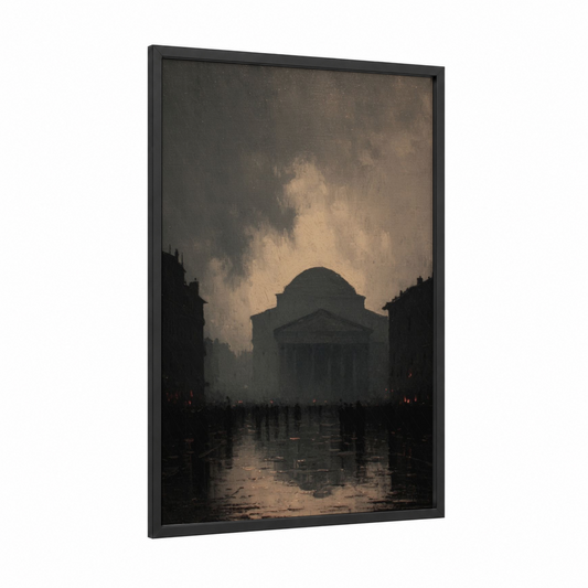 Rainy Pantheon framed art print — black wood frame — gray and black and white palette