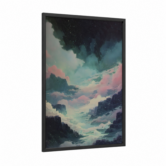Cosmic Valley Dream framed galaxy print — black wood frame — teal and salmon pink palette