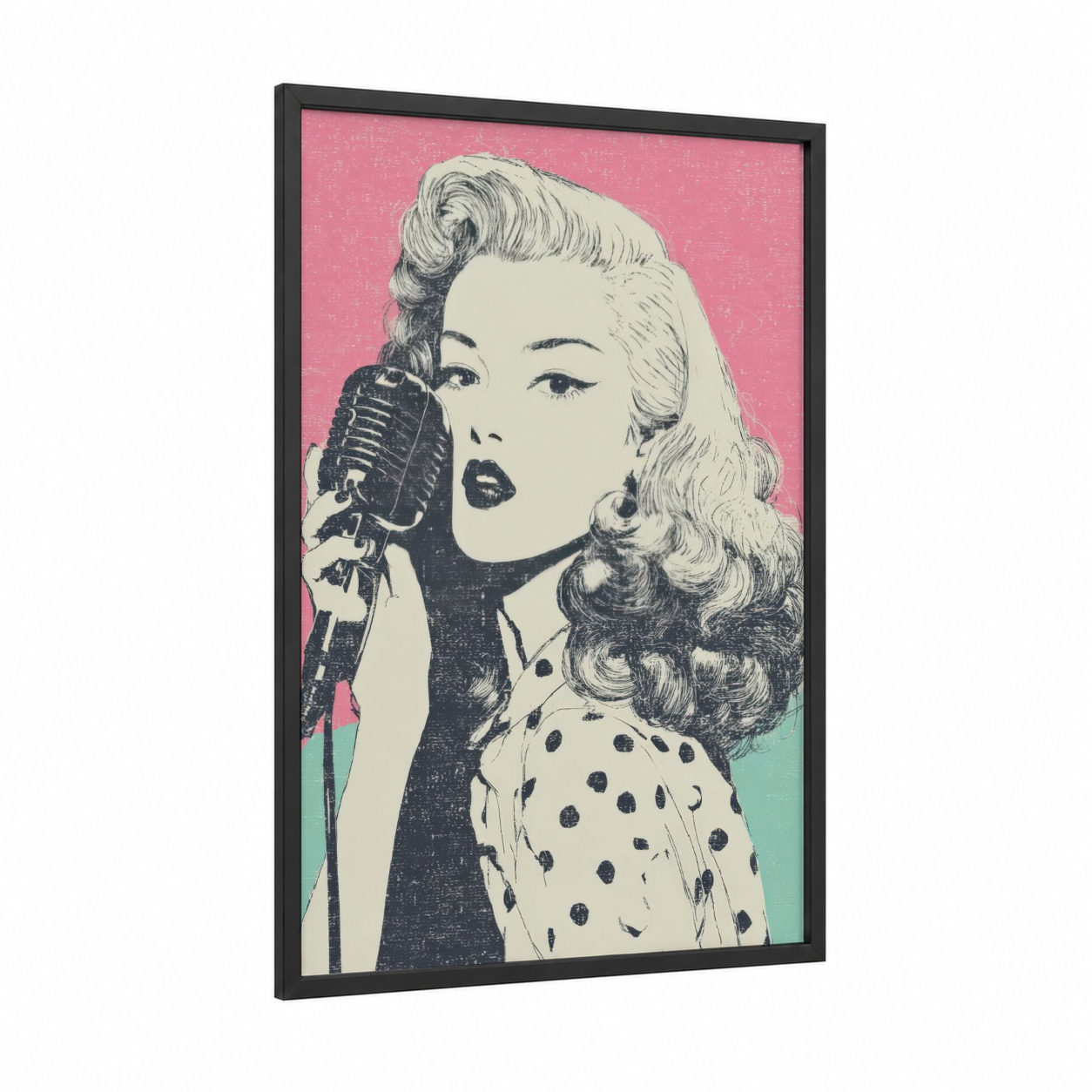 Vintage Songstress framed retro pop print — black wood frame — pink and black and white palette