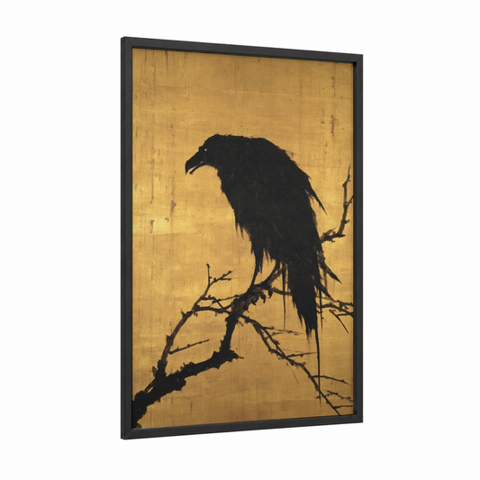 Golden Chimera framed art print — black wood frame — gold and black palette