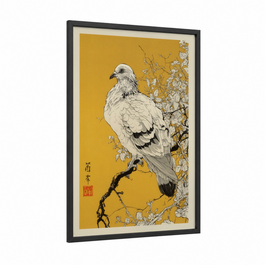 Golden Pigeon framed art print — black wood frame — gold and white palette