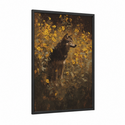 Golden Sunflower Wolf framed art print — black wood frame — gold and brown palette
