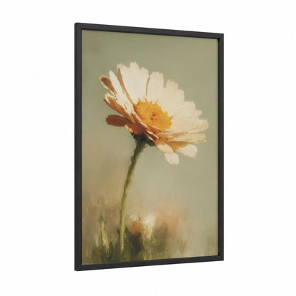 Golden Daisy framed art print — black wood frame — cream and sage green palette