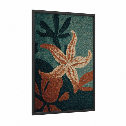 Coral Starfish Mosaic framed art print — black wood frame — teal and russet palette
