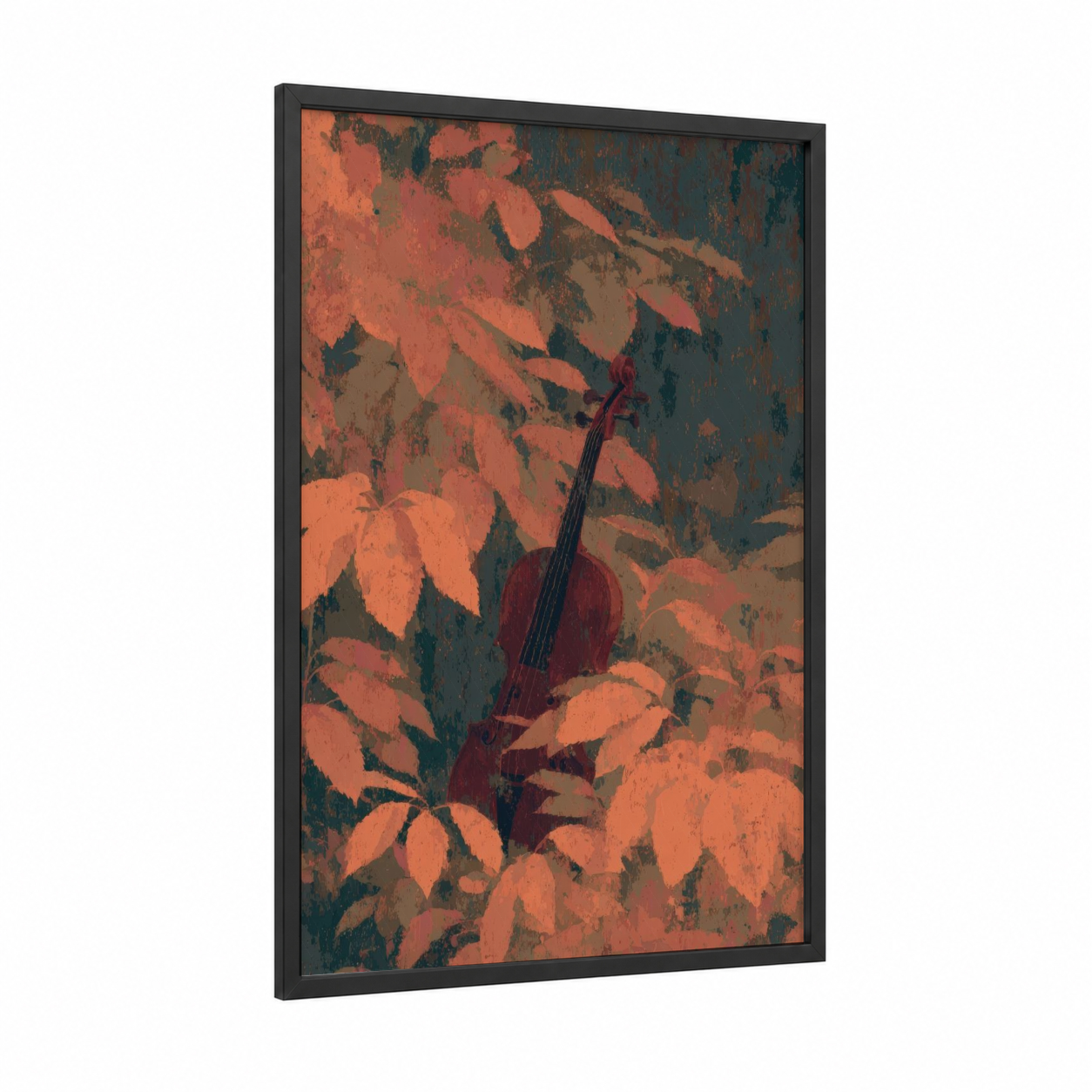 Autumn Violin framed art print — black wood frame — russet and maroon palette