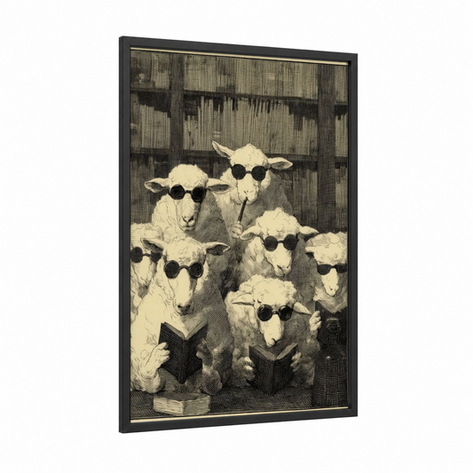 Intellectual Sheep Flock framed art print — black wood frame — black and white and cream palette