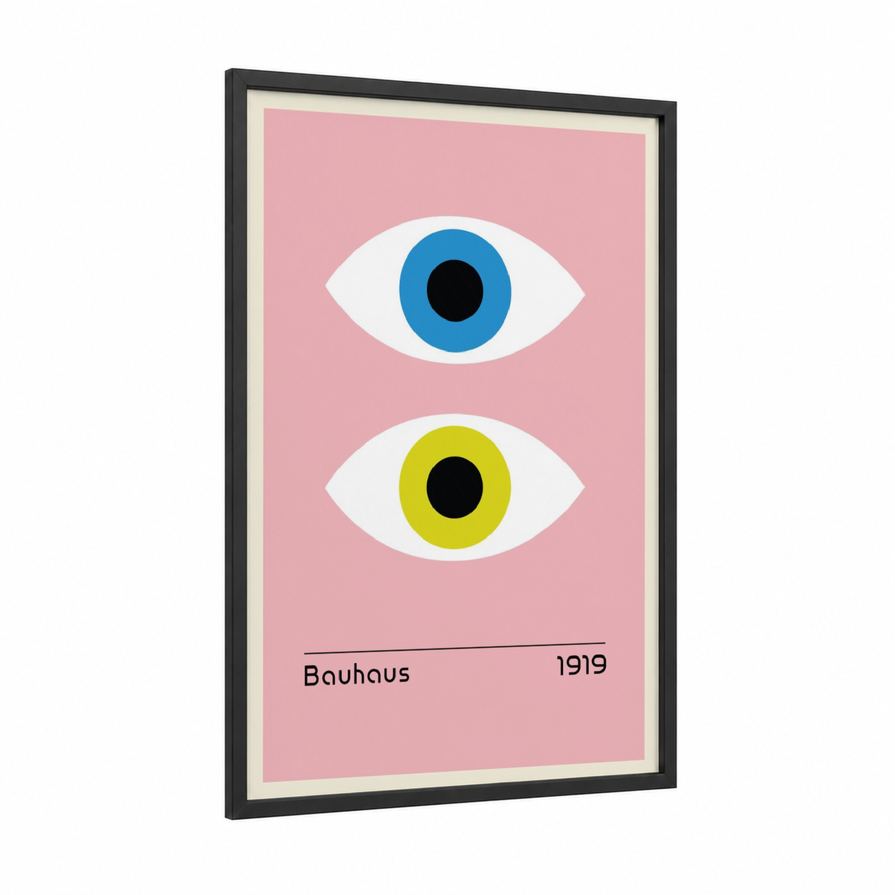 Bauhaus Eyes framed abstract geometric print — black wood frame — pink and blue palette
