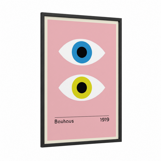 Bauhaus Eyes framed abstract geometric print — black wood frame — pink and blue palette