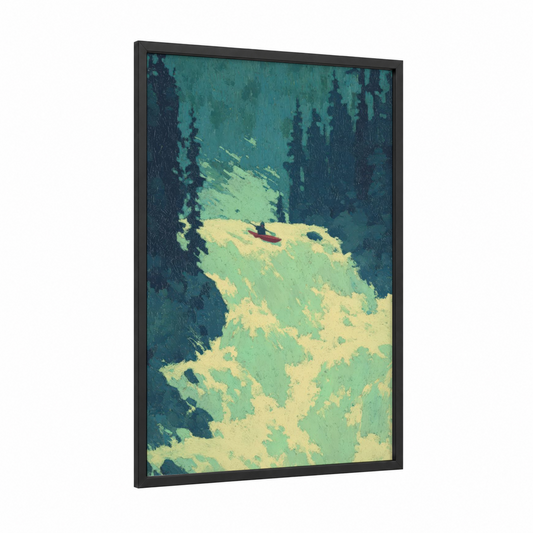 Alpine Kayaker framed canoeing and kayaking print — black wood frame — teal and yellow gold palette