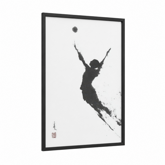 Jumping Volleyball framed art print — black wood frame — black and white palette