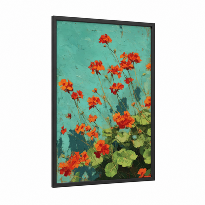 Vibrant Geranium Blooms framed art print — black wood frame — teal and orange palette