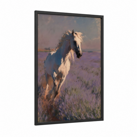Lavender Field Stallion framed andalusian horse print — black wood frame — lavender and gold and white palette