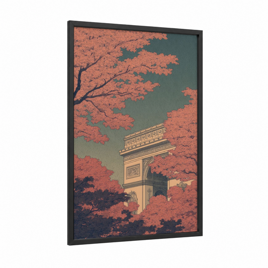 Autumn Arc Triomphe framed arc de triomphe print — black wood frame — salmon pink and teal palette