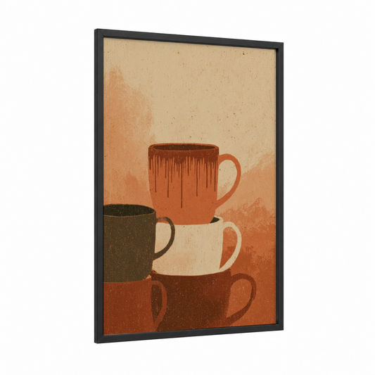 Stacked Coffee Mugs framed kitchen utensils print — black wood frame — peach and cream palette
