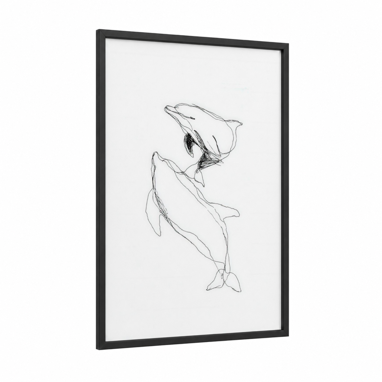 Graceful Dolphins framed art print — black wood frame — black and white palette