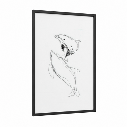 Graceful Dolphins framed art print — black wood frame — black and white palette