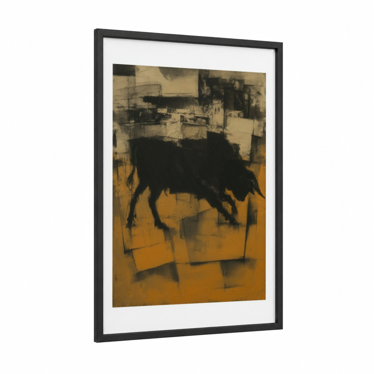 Golden Bull Abstraction framed art print — black wood frame — gold and black palette