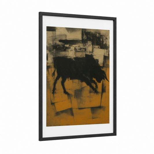 Golden Bull Abstraction framed art print — black wood frame — gold and black palette